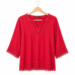 Ralph Lauren Blouse Womens Plus Size 2X Red 100% Linen Lace Ladder Trim Bohemian
